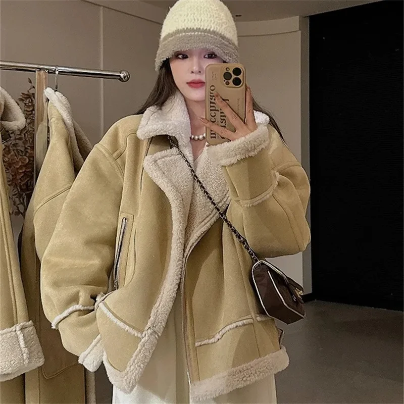 Thickened Women's Short Suede Zipper Motorcycle Suit 2023 Winter New Lady Korean Version Long-sleeved Lambswool Fur-like Coat