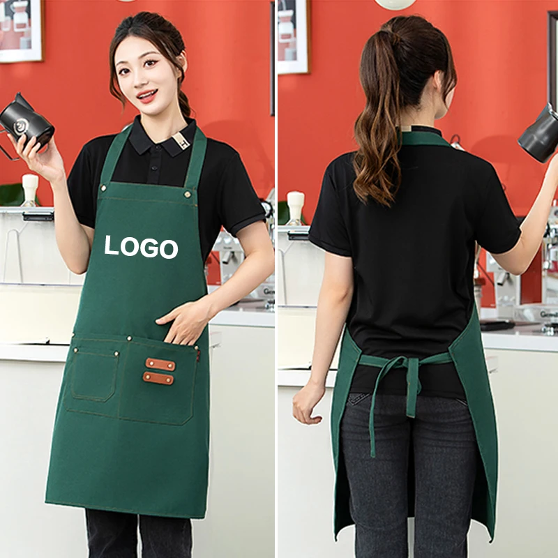 Hanging Neck Canvas Waterproof Apron Coffee And Milk Tea Shop Waiter Work Clothes Printed With Name Logo Chef Apron