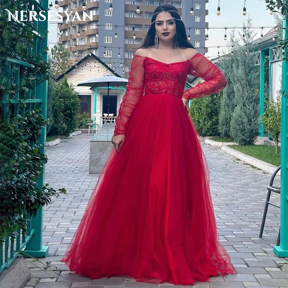 Nersesyan Red Glitter Formal Prom Dress Off Shoulder A-Line Tulle Lace Dubai Evening Dress Sparkly Long Sleeves Party Gowns 2024