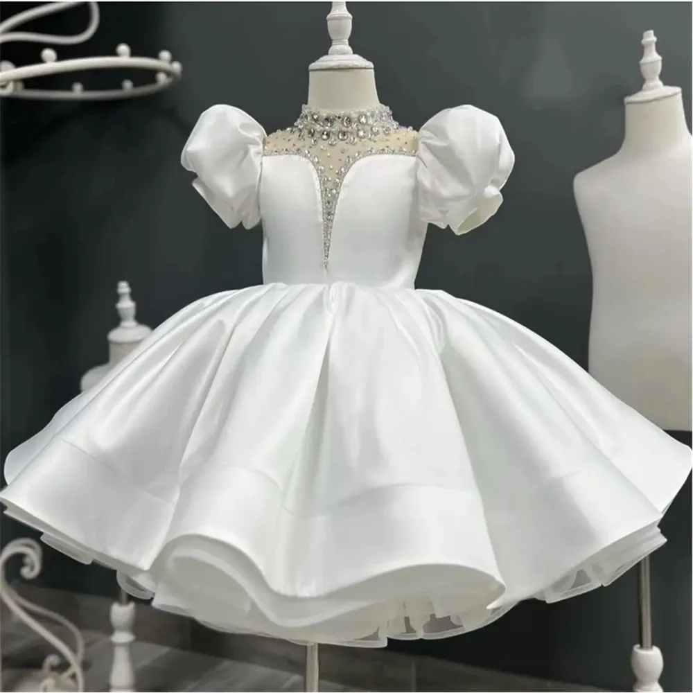 

Glitter Customized Flower Girl Dress For Wedding Elegant Satin With Bow Puffy Sleeves Birthday Party First Communion Ball Gown