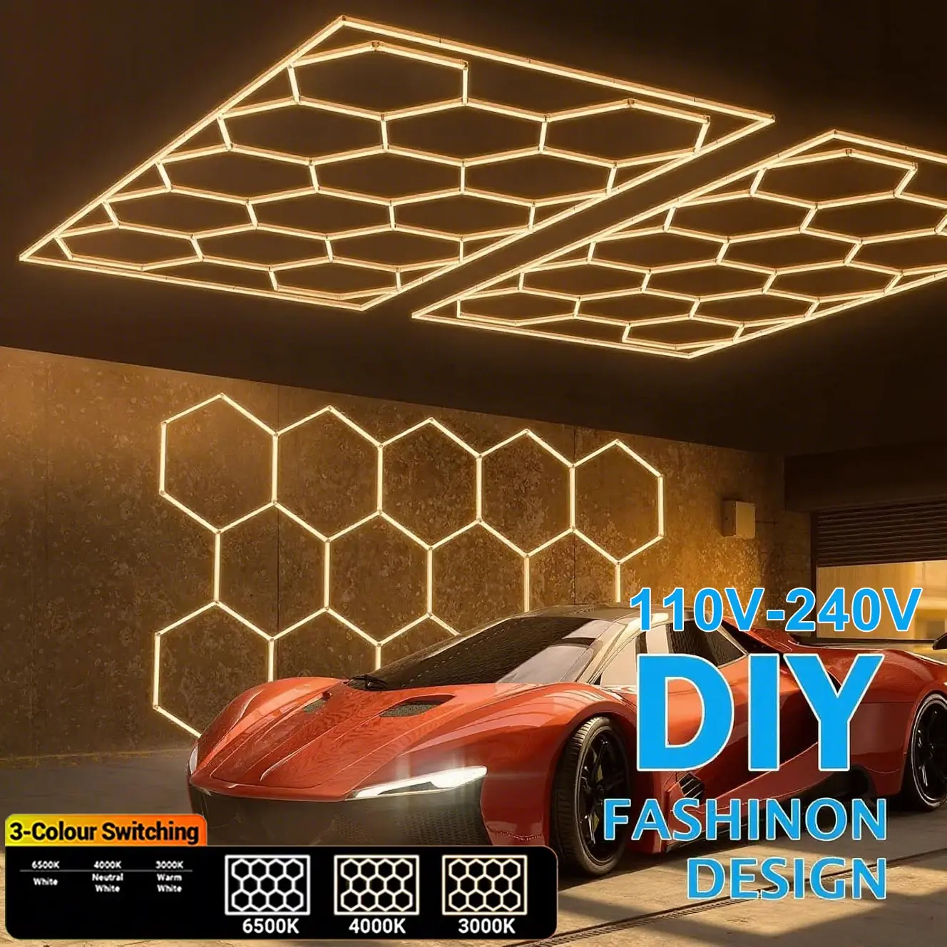 

3-цветное потолочное освещение 110 В-220 В, светодиодные шестигранные сотовые светильники для спортзала, гаража, светодиодная трубка для детализации автомобиля, мастерской, парикмахерской, гостиной