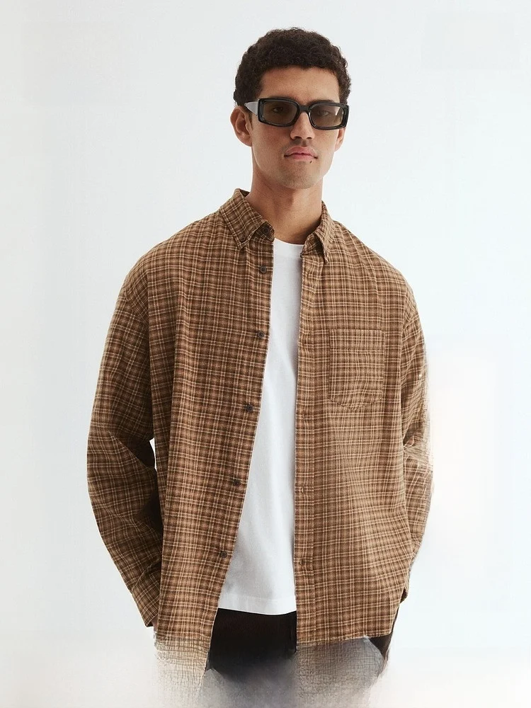 

H&M Men's Loose Fit Plaid Shirt American Style Outwear Base Layer 1296173 Summer Cotton Long Sleeve Button up Casual Shirt