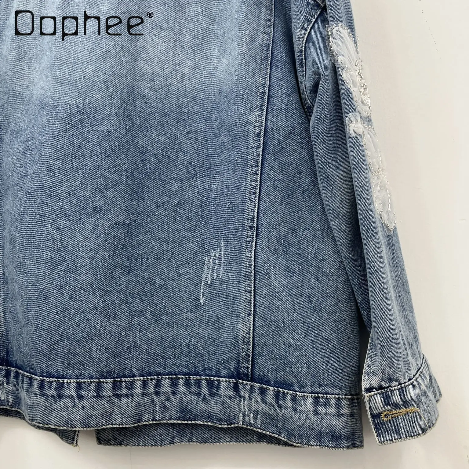 Spring Autumn European Street Trend Sequined Beads Flower Splicing Color Lapel Long-sleeved Denim Jacket Loose Casual Jackets