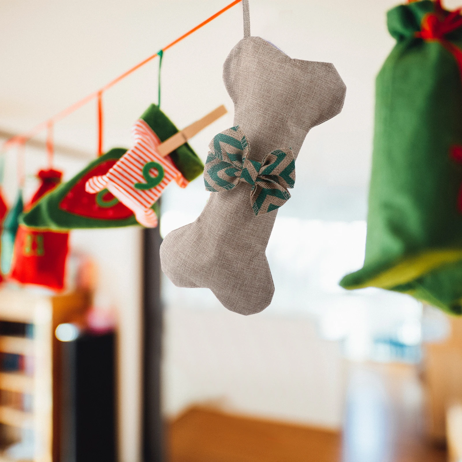 

Christmas Stocking Pendant Bone Shaped Stockings Pets Dogs Decoration Bow Tie Burlap