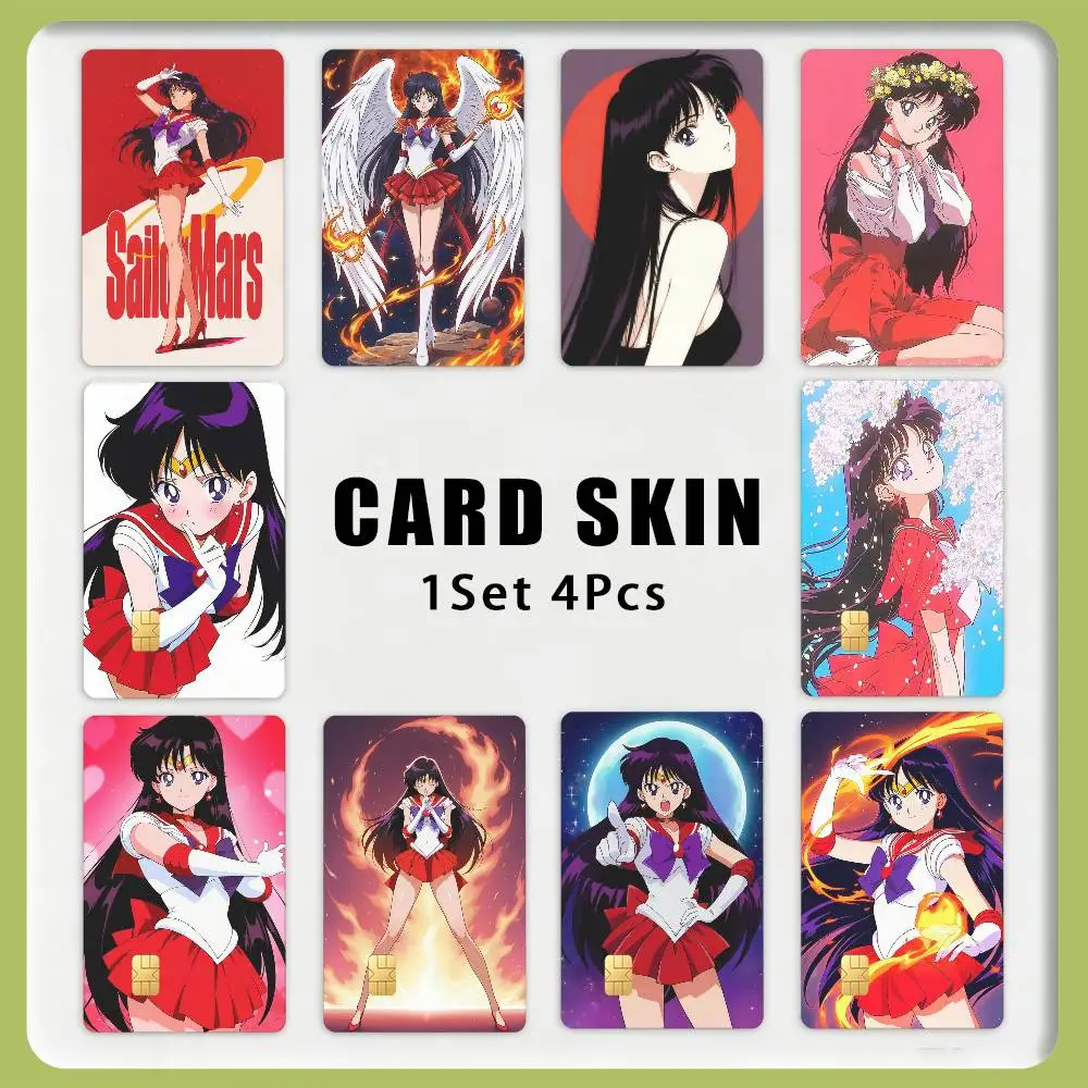 Magic Girl S-Sailor Mars R-Rei Hino 1Set 4Pcs Card Skin Sticker Waterproof Decorative Film for Credit Debit Bank Bus IC Card