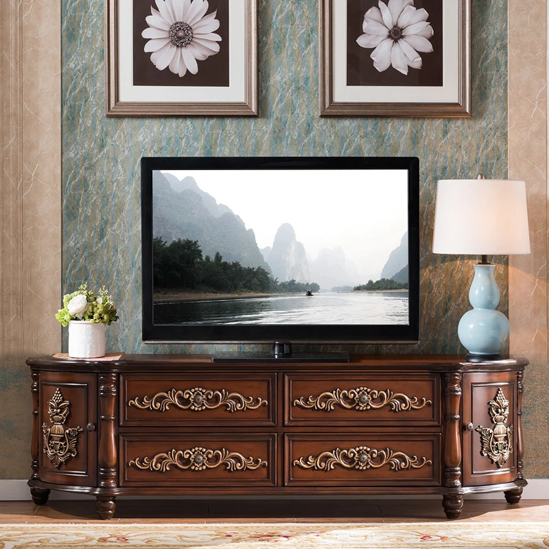 

Solid Wood American Curved Film and Television Cabinet Bedroom Small Floor Cabinet Carved Painted 1.4,1.8,2 M