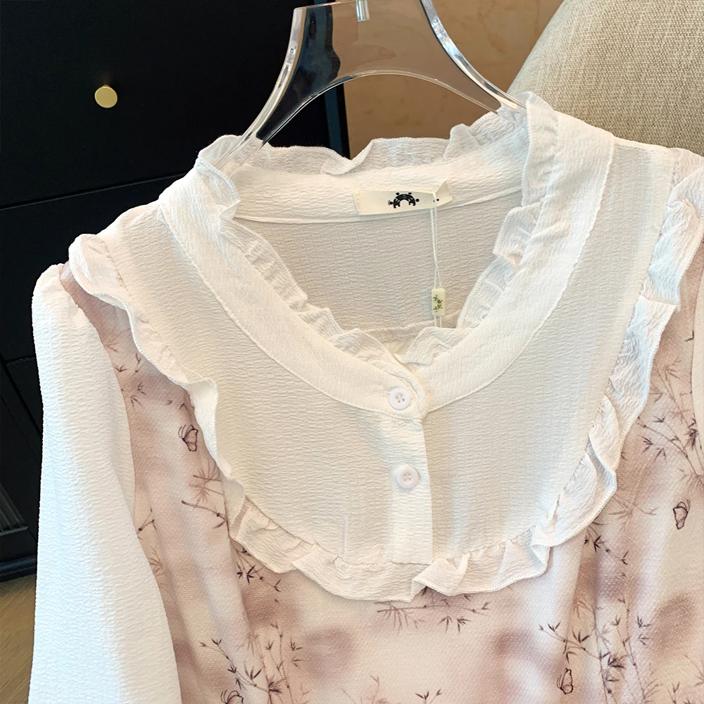 Abito da donna ampio e comodo da pendolarismo casual autunnale taglie forti Abito a maniche lunghe con bottoni e scollo in pizzo chiffon stampato
