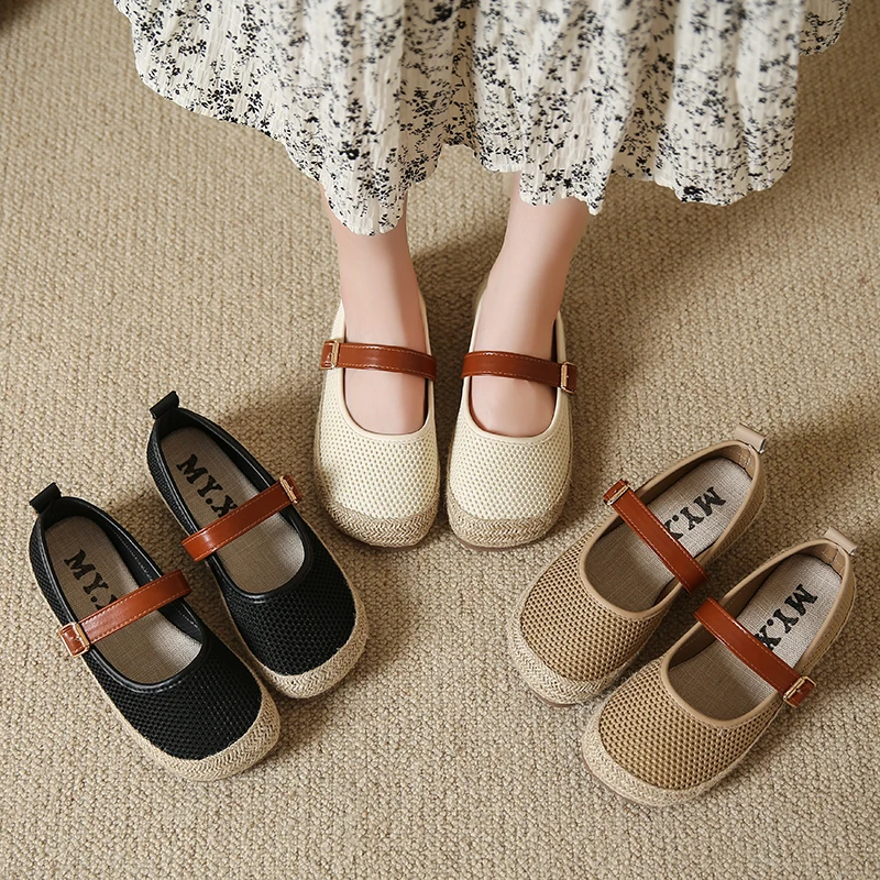 New Personal Fashion Mesh Shoes Shallow Comfortable Breathable Lazy Shoes Linen Flat Shoes Non-slip Wear-resistant Grandma Shoes