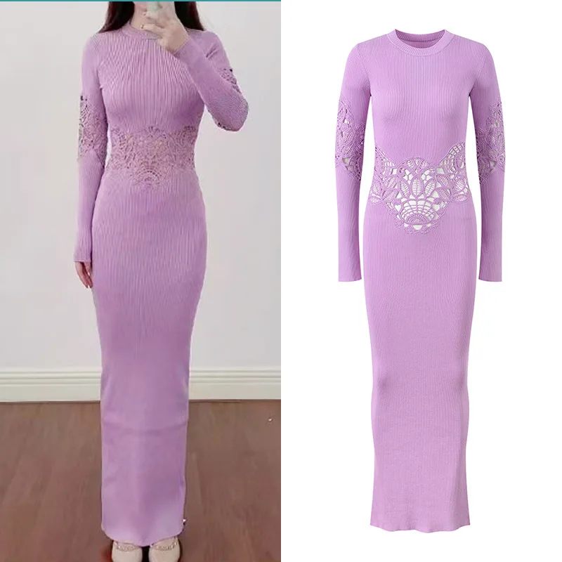 ZJYT Spring Autumn New Long Sleeve Knitting Sweater Dresses for Women 2026 Hollow Out Sheath Bodycon Dress Party Female Vestidos