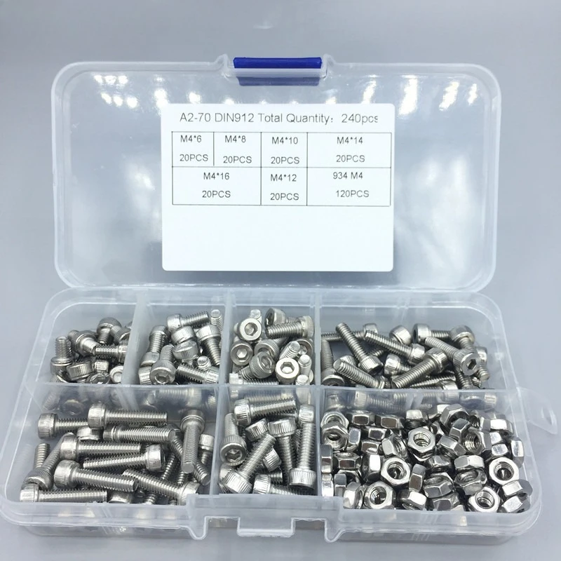 304 Stainless Steel Hexagon Screws Wholesale DIN912 10 Grid Cylindrical Head Screw Combination Set M4