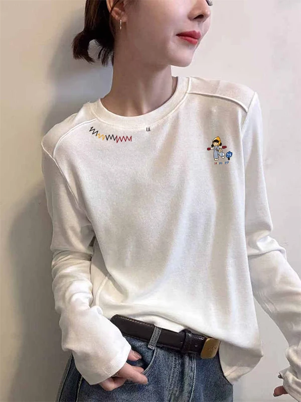 Bianco lungo Sve rotondo Ne Base irt Donna Autunno Faion Design semplice Cartoon Body Tee Sli Versatile Top alla moda