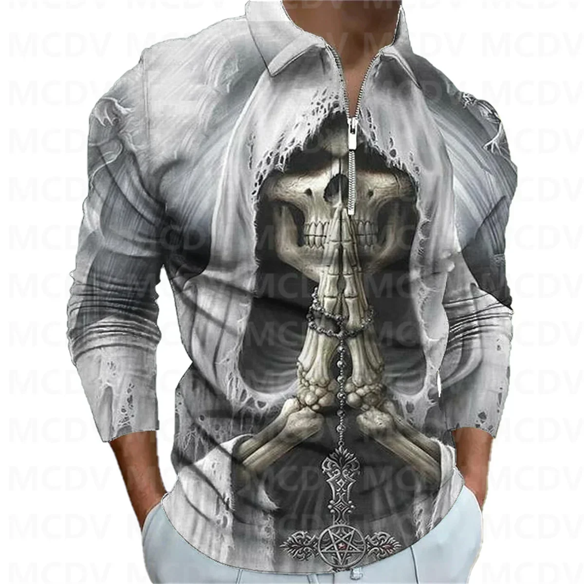 2023 New Men's Long Sleeve Zipper Polo Shirt Skull 3D Printed Polo Long Sleeve T Shirt Casual Tops