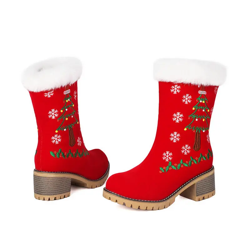 

New Fashion Winter Snow Boots PLush Fur Chunky Heels Slip On Embroider Gift Christmas Shoes