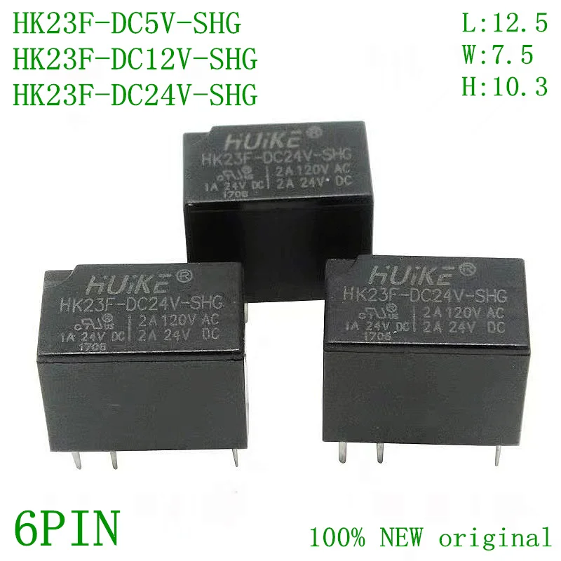 10Pcs, HK23F- DC5V-SHG, HK23F-DC12V-SHG, HK23F-DC24V-SHG, HUI KE Relay, 5V 12V 24VDC, 2A 0.2W 6Pin, 100% New