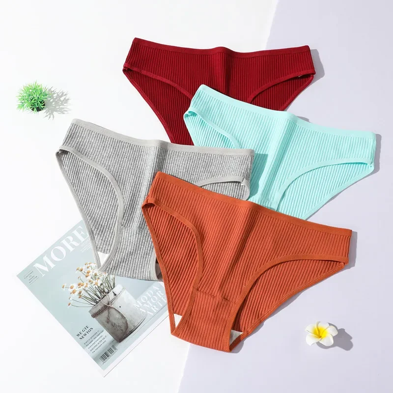 Seamless Solid Panties Ribbed Cotton Strips Briefs Ladies Low Waist Sports Underwear Girls Breathable Ropa Interior Femenina 1pc image 2