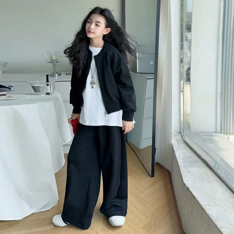 

Autumn Kids Girls 3pcs Outfit Children Girls Simple Solid Undershirt+Zipper Round Neck Jacket+Wide Leg Pant Teenager Girls Sets