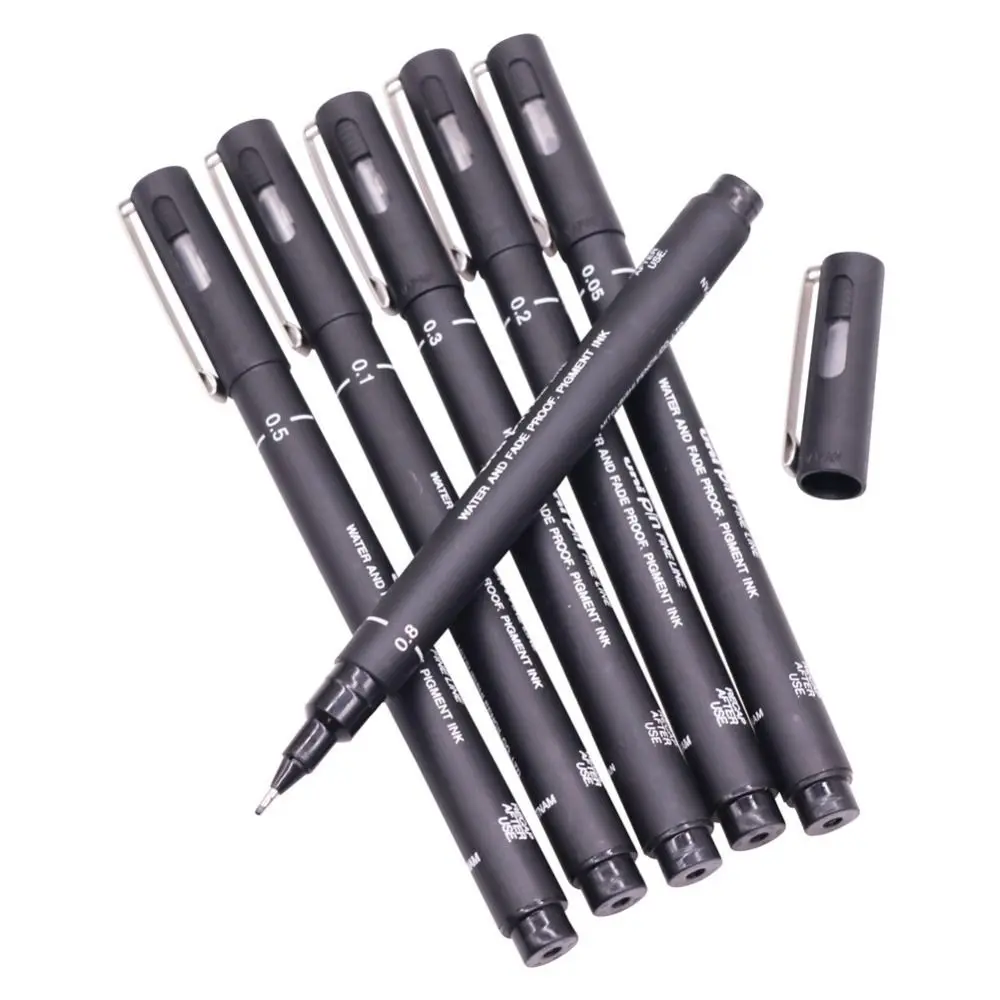 6Pcs/lot Ultra Fine Line Pin Drawing Pen Black Ink 005 01 02 03 05 08 Micron Fineliner Pigment Office School Set Art Marker