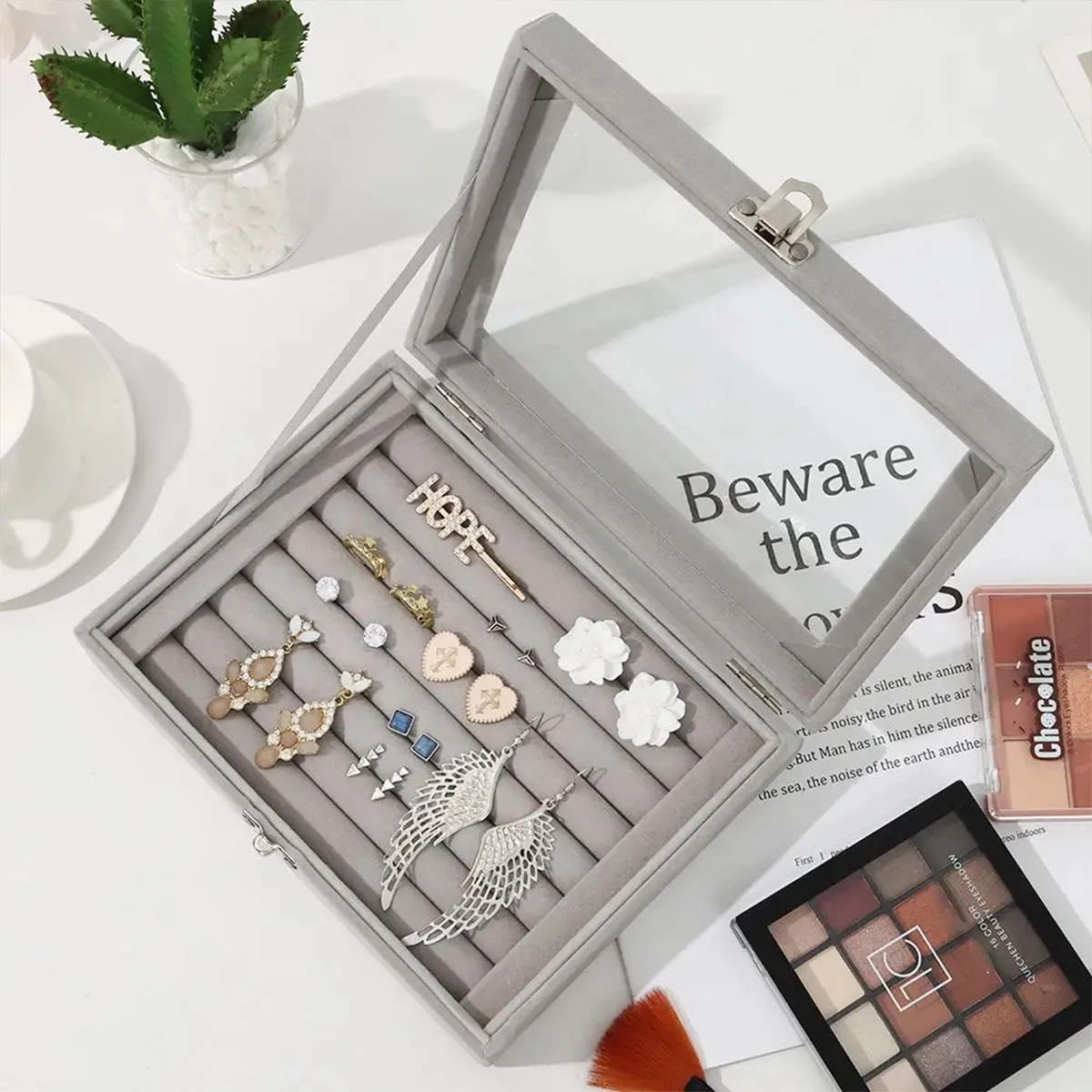 

1pc Jewelry Storage Box With Transparent Flip Cover Ring Earring Necklace Bracelet Jewelry Display Case Velvet Jewelry Show Prop