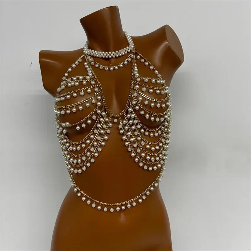 Damen Crop Top, mehrschichtige Perlenkette für den Körper, Neckholder, Perlen-Bralette mit Quasten, sexy, rückenfrei, für Nachtclub, Musikfestival, Rave-Party – Detail 5