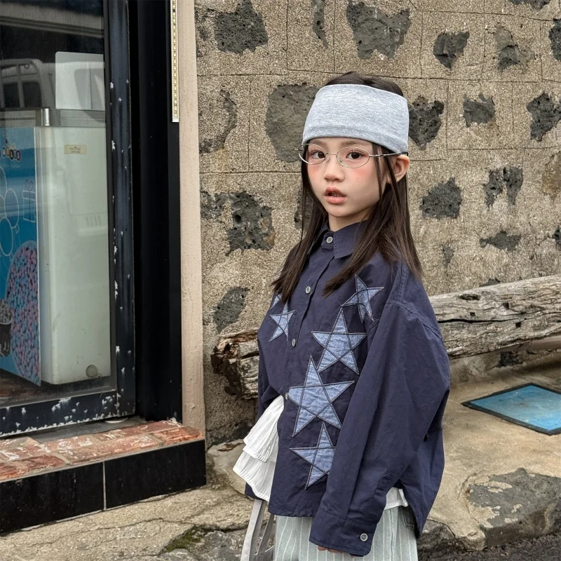 

2026 Spring New Girls Lapel Shirts Children Long Sleeve Cotton Cardigan Baby Girl Star Embroidery Tops Kids Loose Shirts Outwear