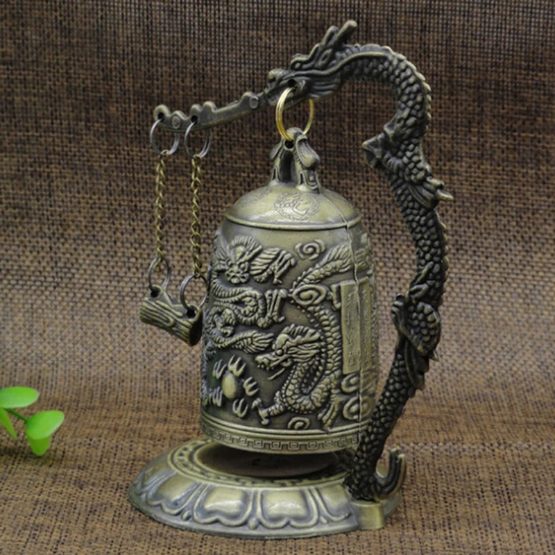 Antique Home Decoration Zinc Alloy Vintage Style Bronze Slot Dragon Carved Buddhist Bell Chinese Geomantic Artware