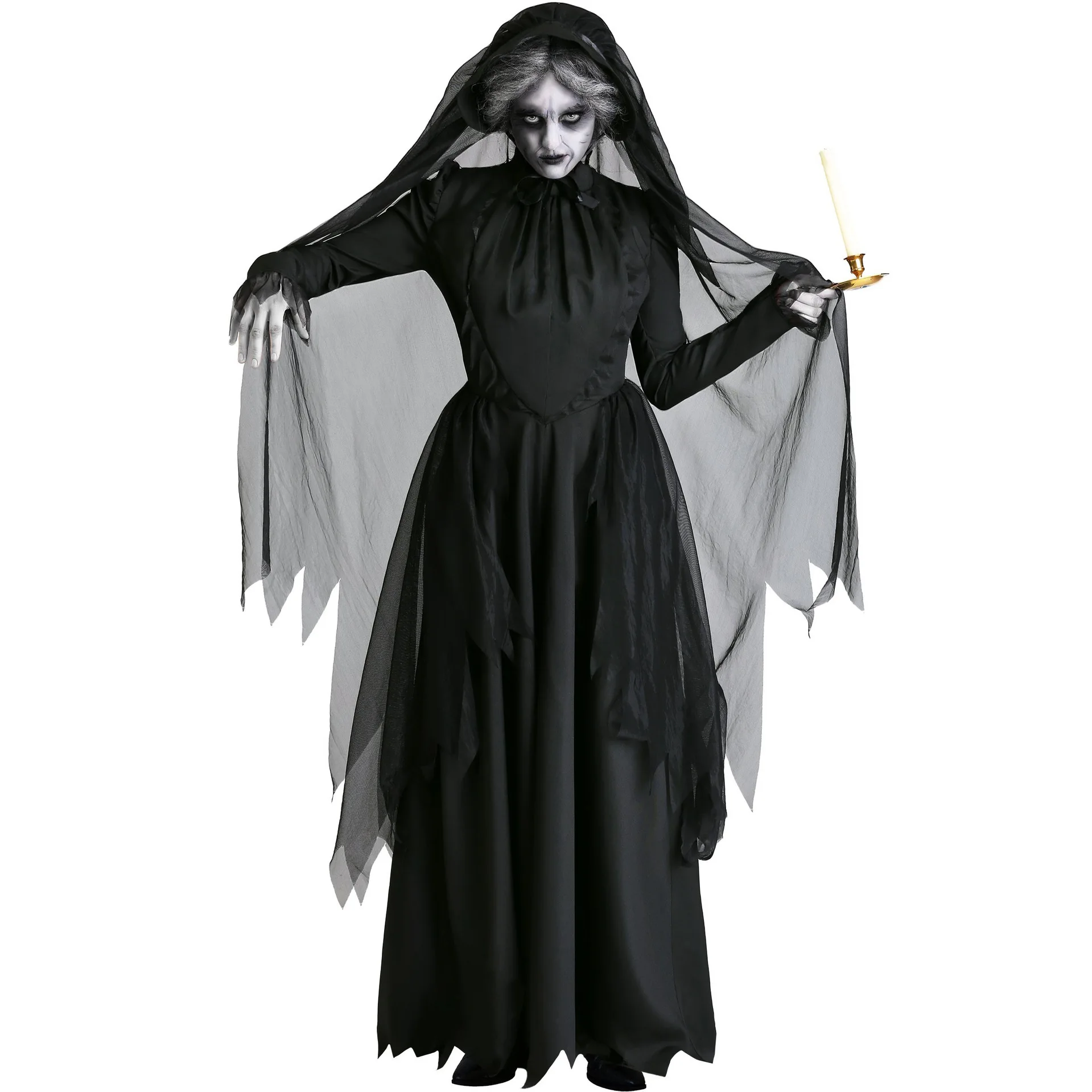 Halloween Scary Witch Vampire Cosplay Costume Women Black Retro Dress Party Role Play Cape Witch Death Ghost Long Fancy Dress