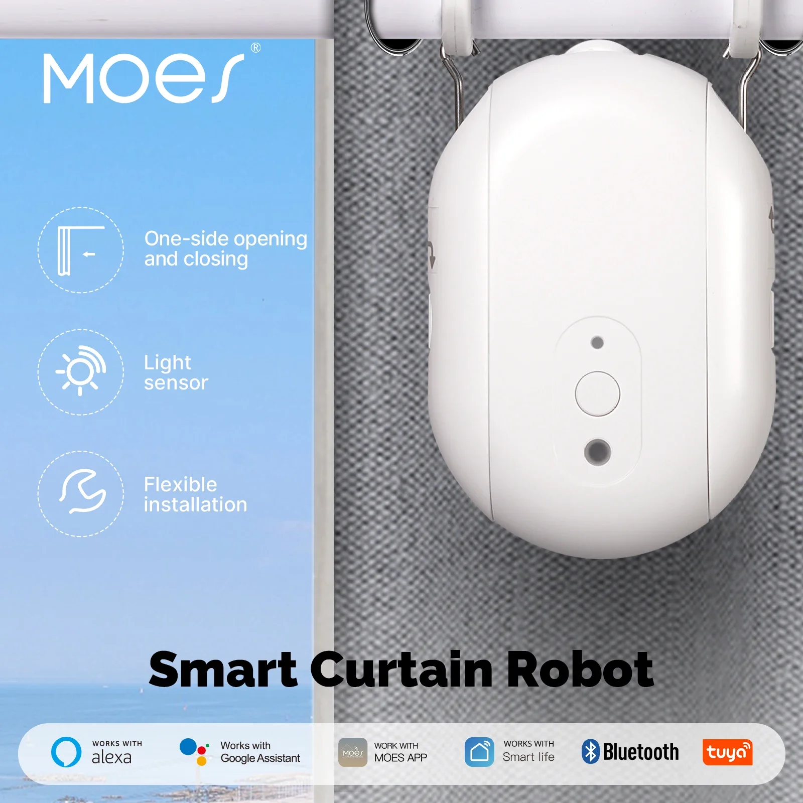 MOES-Robot à Rideau Électrique Intelligent Bluetooth Tuya, Synchronisation, Ouvre existent, Capteur de Lumière, Application, Télécommande, Prise en Charge d'Alexa et de Google Home