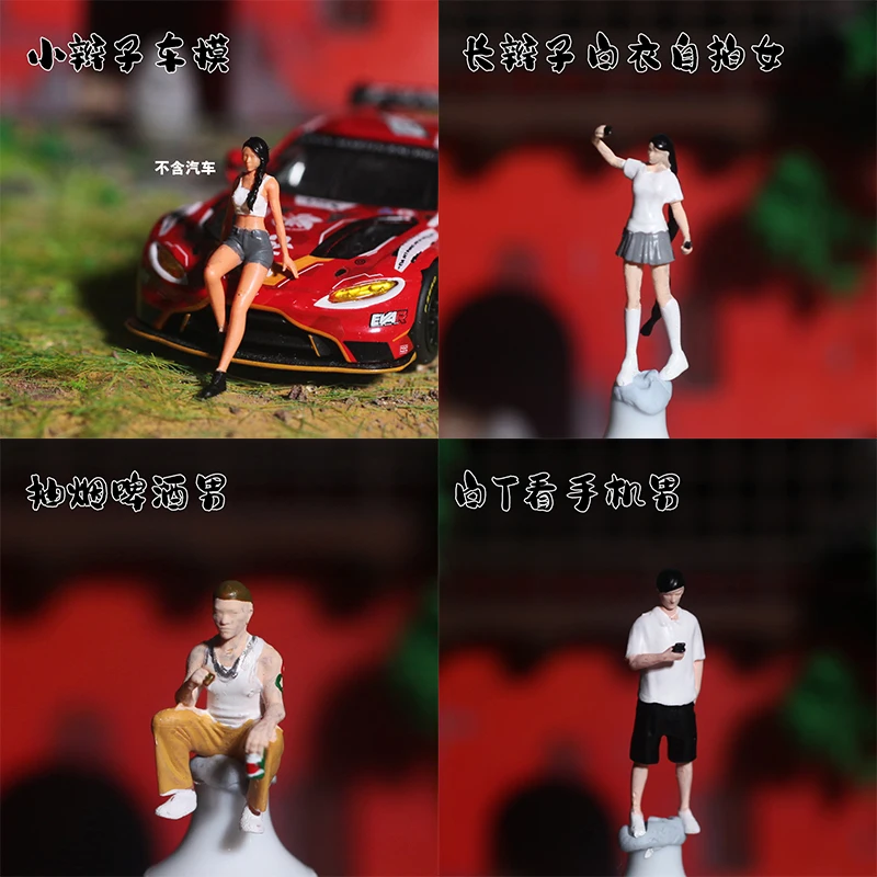 

1:64 Miniature Figurine Car Model Creative Display Piece Passerby Selfie Car Wash Sand Table Decoration
