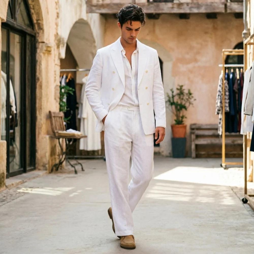 Sage Green Linen Men Suits Relaxed Double Breasted 2 Pieces Breathable Wedding Guest Outfit Blazer Pants Set Summer Formal Wear