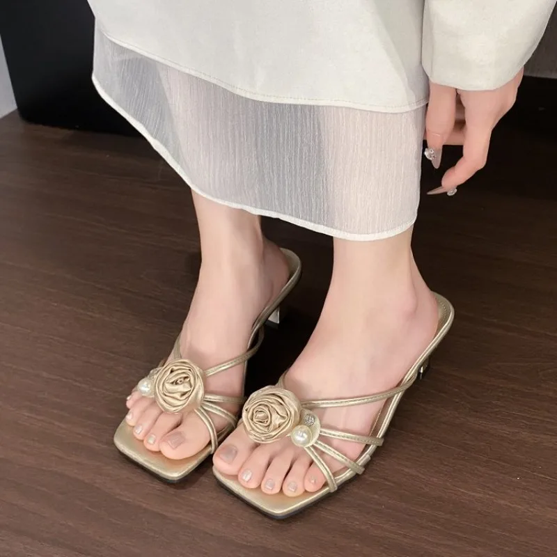 

Shoes Womens Slippers Outdoor Thin Heels Slides Heeled Mules Flower Pantofle Summer High 2026 Floral Elegant