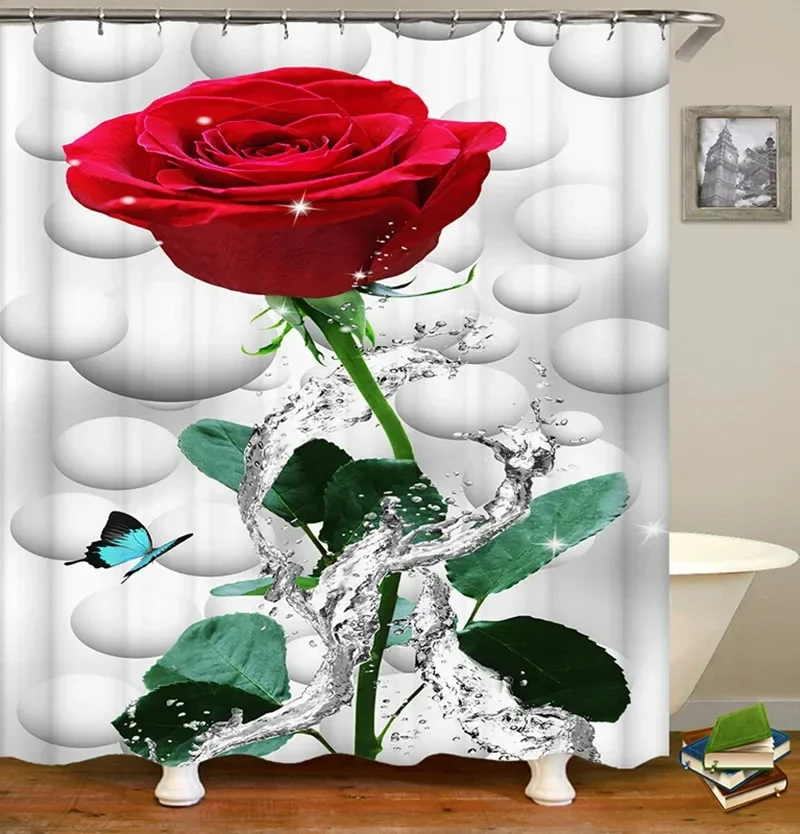 Blooming Flowers Rose Butterfly Shower Curtain Waterproof Modern Bathroom Decor, Waterproof Fabric Shower Curtain with Hooks