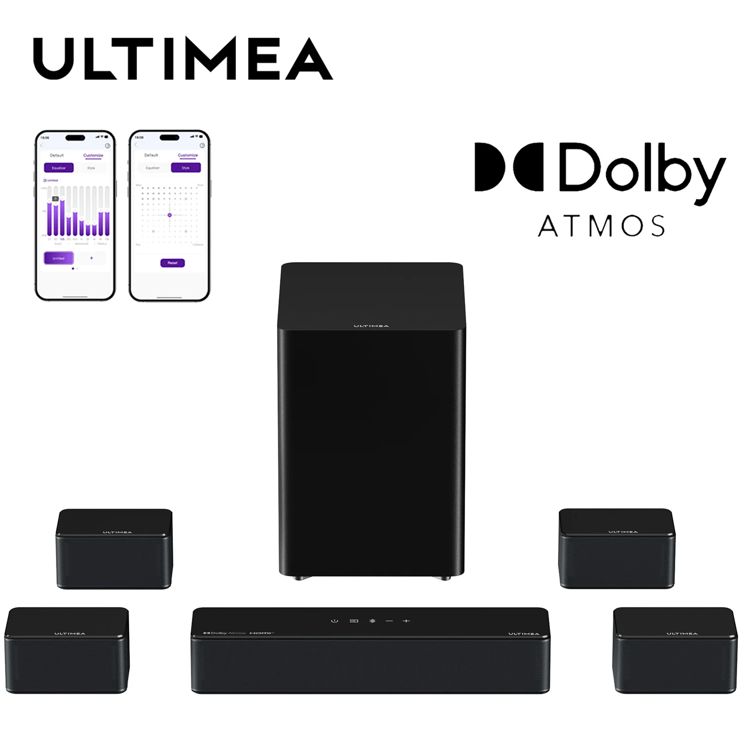 

ULTIMEA 500W 7.1ch Dolby Atmos Soundbar with Wireless Subwoofer & 4 Surround Speakers, Home Theater System with APP Control