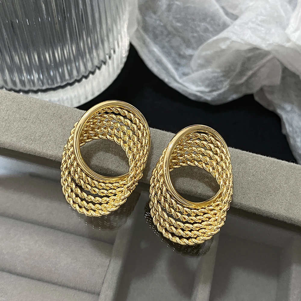 AENSOA Punk Metal Layered Twist Big Geometric Stud Earring Unique Gold Silver Color Statement Earring Women 2024 Fashion Jewelry image 4