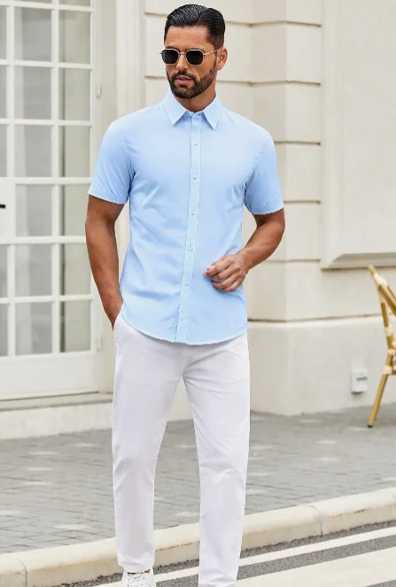 

New Men's Business Casual Solid Color Short Sleeved Shirt for Summer Fashion No Ironing Comfortable and Versatile Top