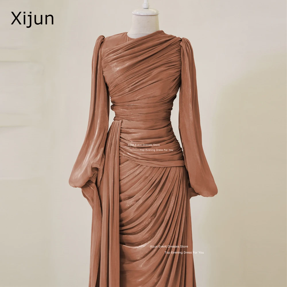 Xijun Modest Silk Satin Evening Dresses O-Neck  Moroccan Kaftan Long Sleeves Prom Dresses Pleats Prom Dresses Dubai Customized