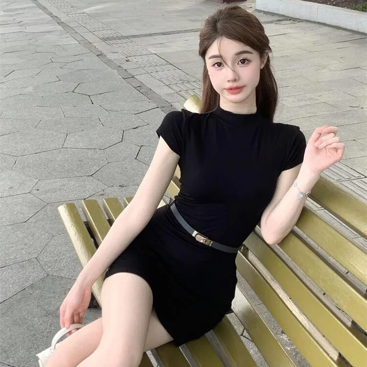 Ele Semi-High Collar Women's Dr Sweet And Spicy Girl Waist Cinching Slimming ort Skirt Little Bla Dr