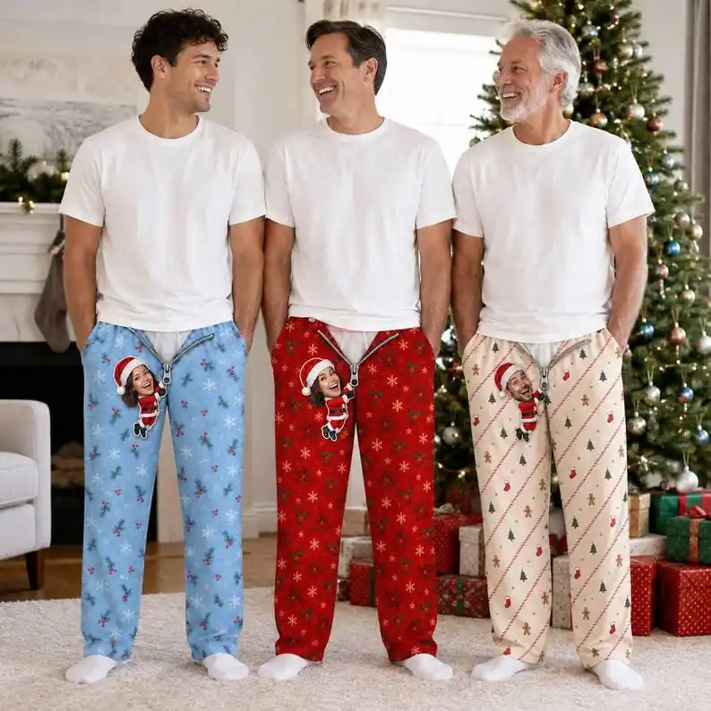Funny Men Christmas Pajama Pants Cute Santa Character Zipper Snowflake Pine Branch Print Loose Wide Leg Trousers Xmas Holiday