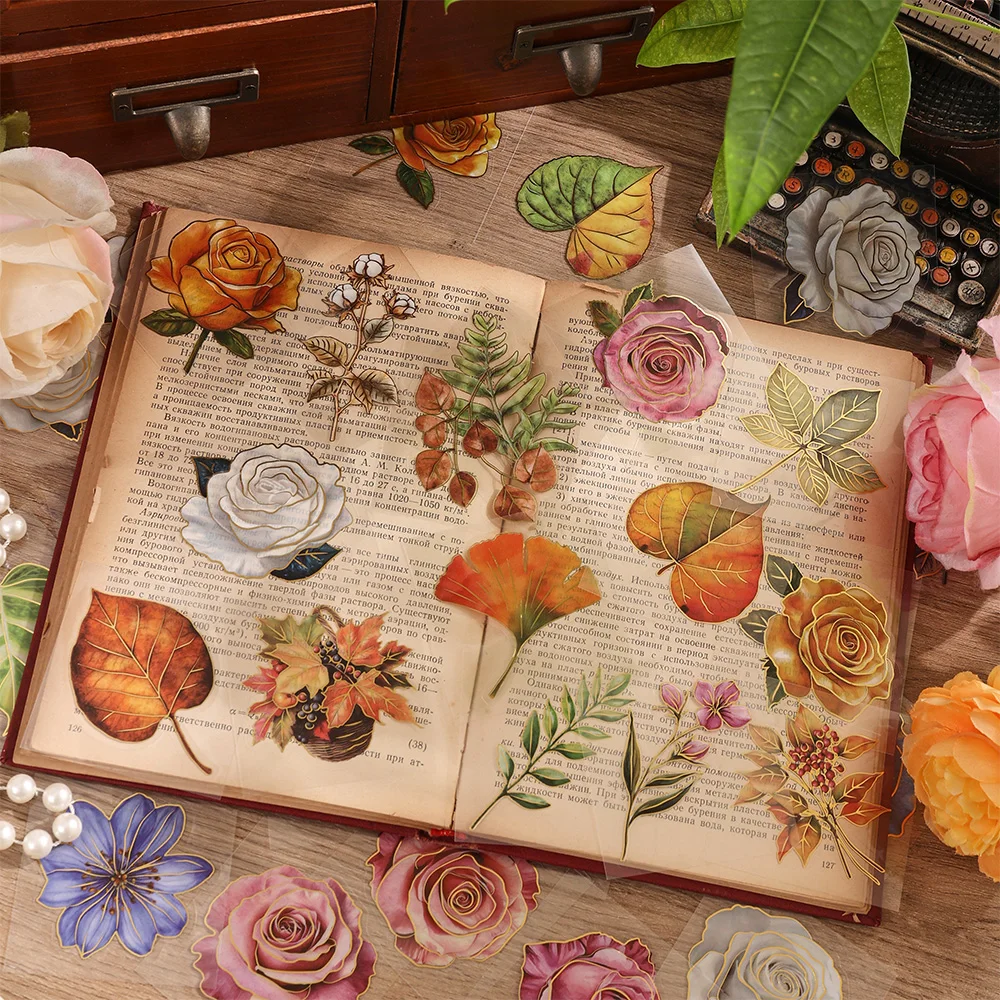100 sheets Vintage Leaf Plant Rose PET Scrapbooking Sticker Pack Waterproof Decorative Material Aesthetic Sticker For DIY Craft