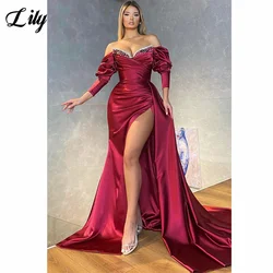 Lily Burgundy فستان سهرة Off The Shoulder Sweetheart Satin Evening Dress With Sleeves Beaded Party Dress High Split Prom Dress