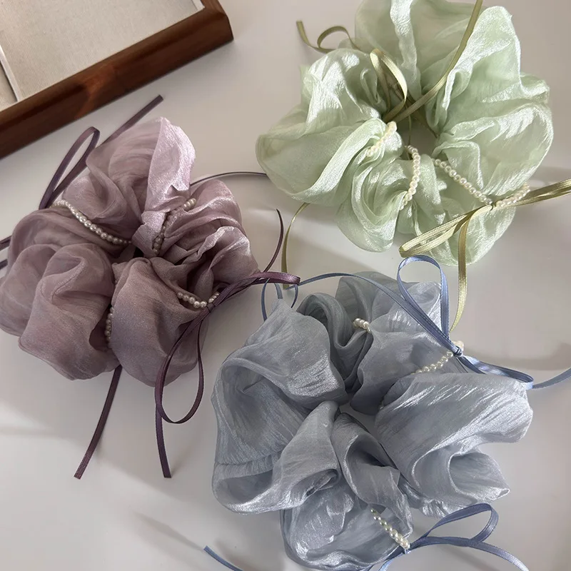 Summer New Pearl Ribbon Bow Gauze Satin Hair Scrunchies Headband for Womens Girl Temperament Hair Rope Solid Color Rubber Band