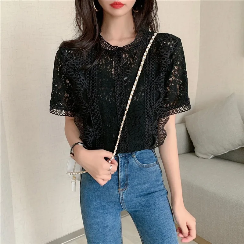 Lace Cropped Shirts Summer Women Short Sleeve O-Neck Blouse Hollow Out Elegant Blusas Y2k Japanese Korea Fashion Retro Slim Tops