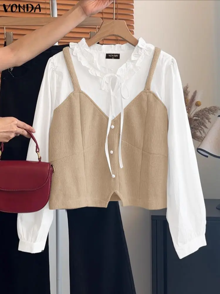 VONDA Fashion Blouse Women Long Sleeve Color Patchwork Tunic Tops Autumn Spring Bandage Casual Loose Shirts Blusas Femininas