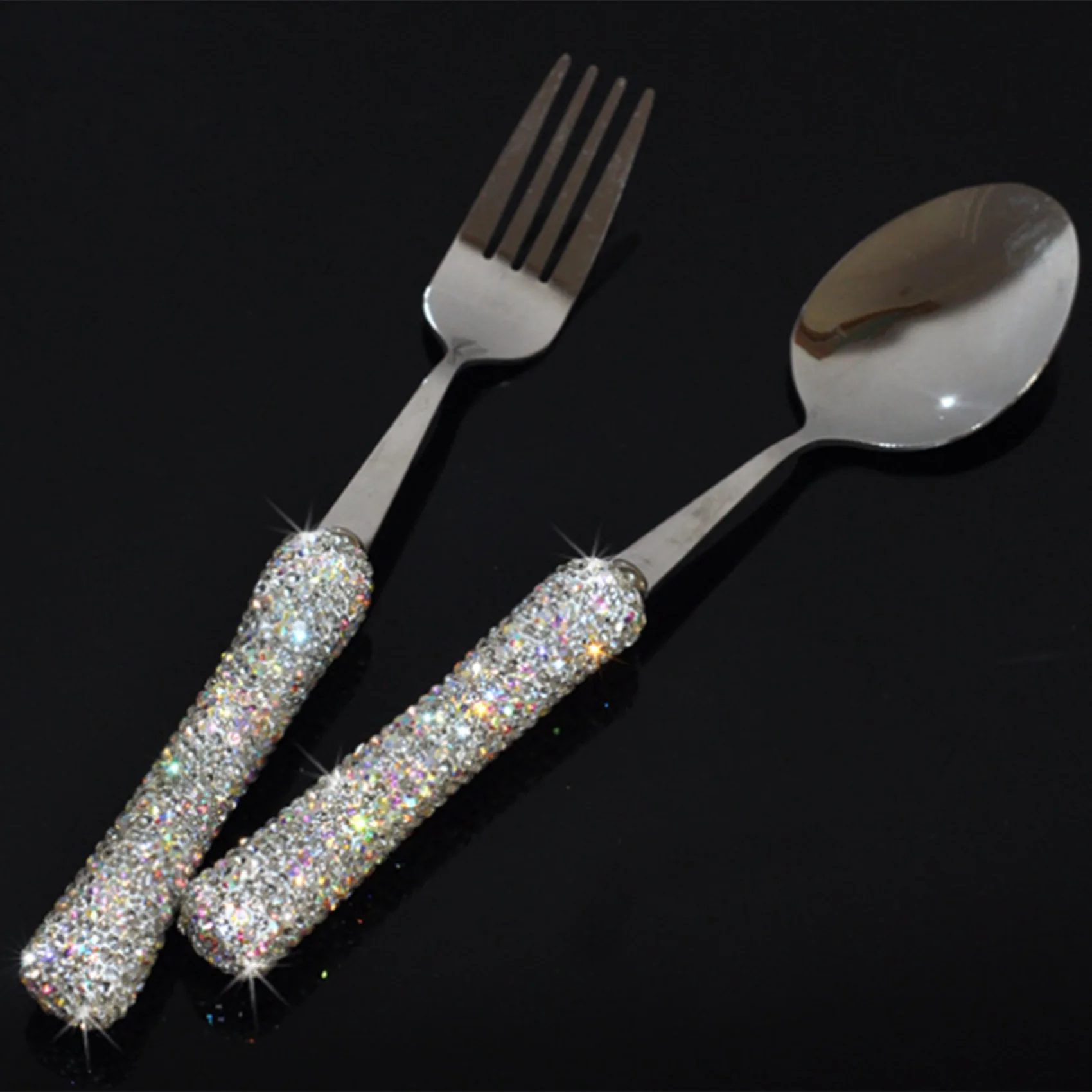 Diamond Cutlery Set,Stainless Steel Fancy Eating Utensils Portable Tableware with Box Brilliant Sparking Spoon A