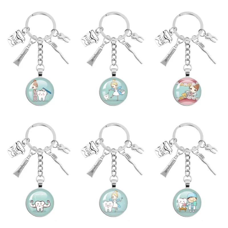 Hot Selling Dentist Keychain Tootbrush And Tootbaste Accessories Lovely Cartoon Teeth Dentist Picture Dome Glass Gift Jewelry