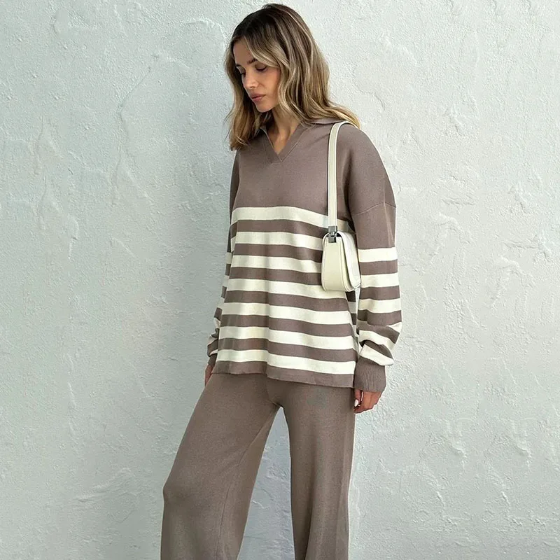 Spring Summer Knitted 2 Piece Sets Korean Womens Sweaters Pull Tops Suit Knitwears Wide Leg Pants Outfit Casual Striped Conjunto