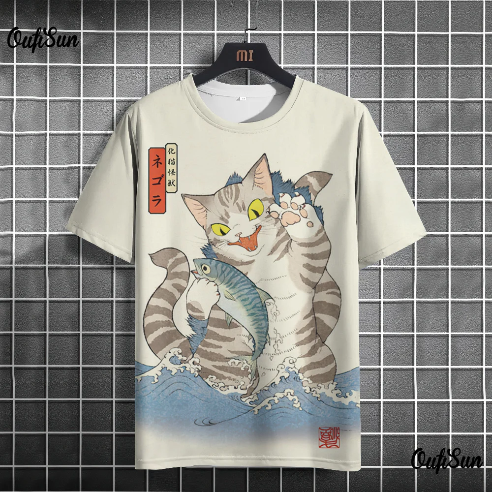 Anime Cat T-shirt For Men Summer O Neck Trendy Short Sleeve Tees Oversized Streetwear Casual Sweatshirt Male Basic Clothing Tops