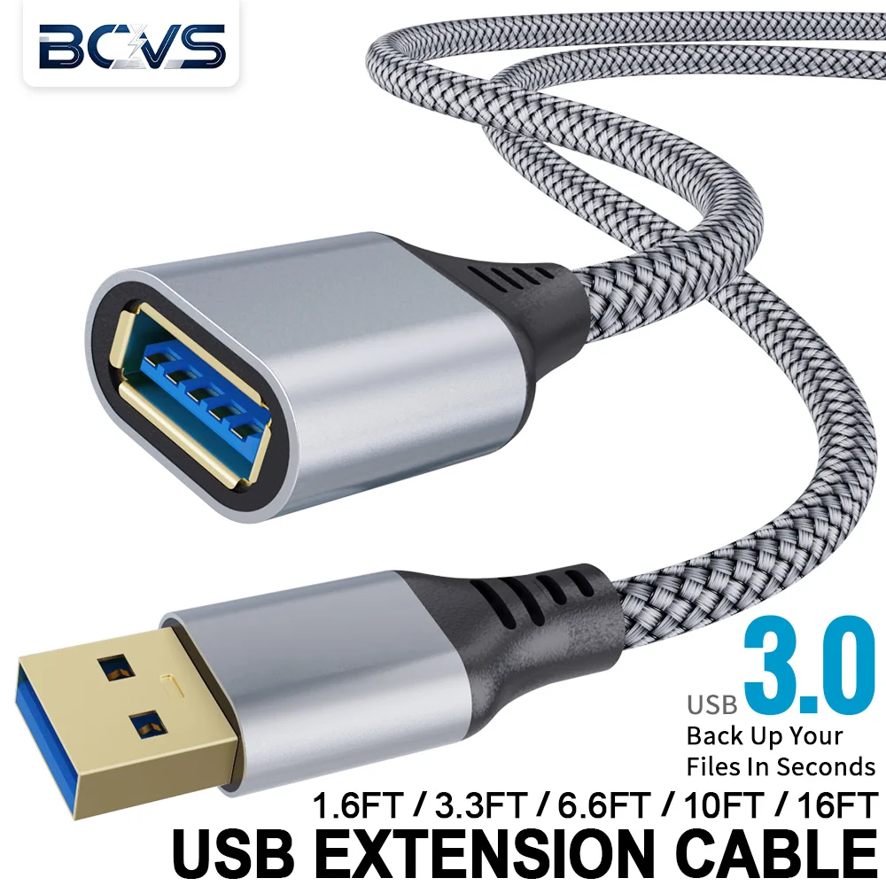 BCVS USB 3.0 Extension Cable Braided USB Male to Female Extender Cord Data Transfer for PC Laptop PS5 Printer Camera
