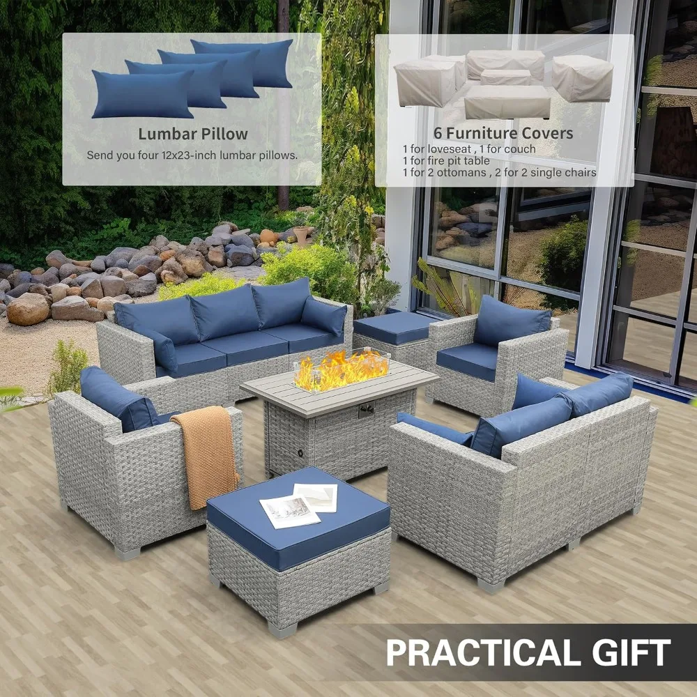 7-piece outdoor segmented sofa PE rattan conversation chair with propane fire pit table and anti slip thick blue cushion