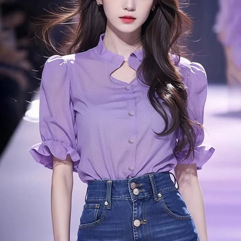 

Runway Summer Casual Loose Single Breasted Women's Wear Fashion Short Sleeve Solid Color Office Lady Stand Collar Shirt