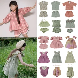 Bebe Children Clothes Set Girls Flower Embroidery Dress Newborn Cotton Plaid Rompers Tops Baby Kids Cute T Shirt Shorts Suit